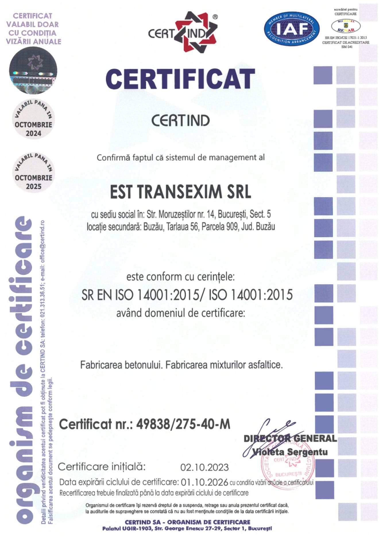 ISO 14001:2015 Certificate for Asphalt Plant