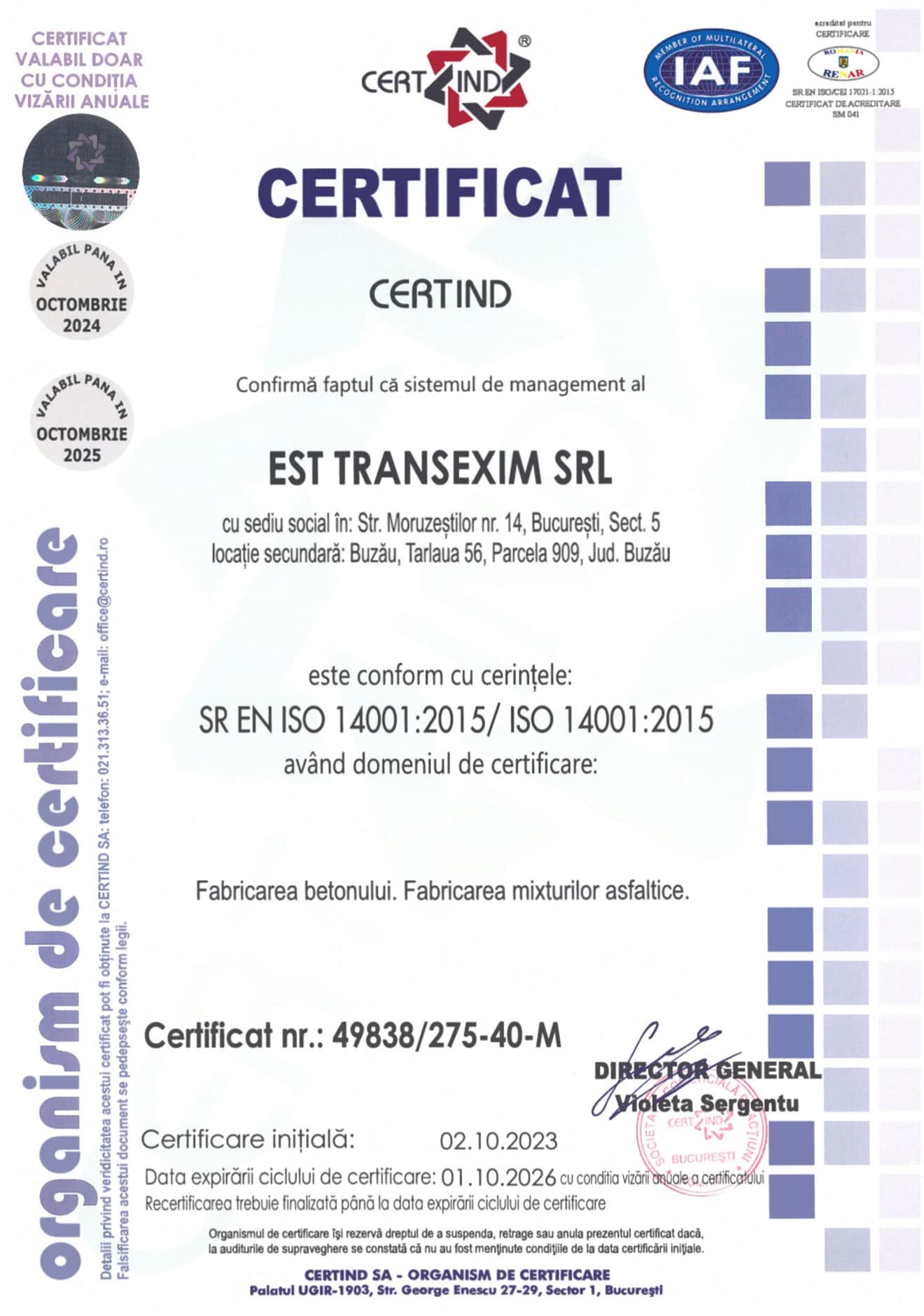 Certificat ISO 14001:2015 pentru Stația de Asfalt
