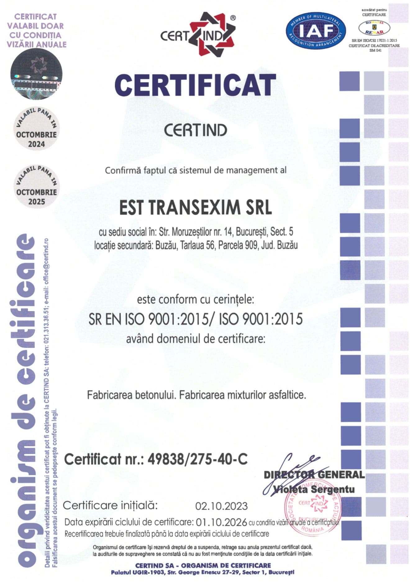 ISO 9001:2015 Certificate for Asphalt Plant