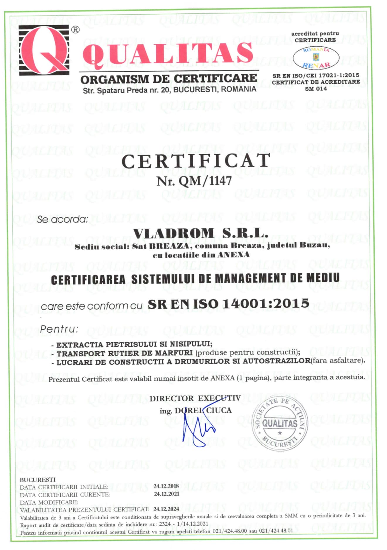 Certificat ISO 14001:2015 pentru Vladrom