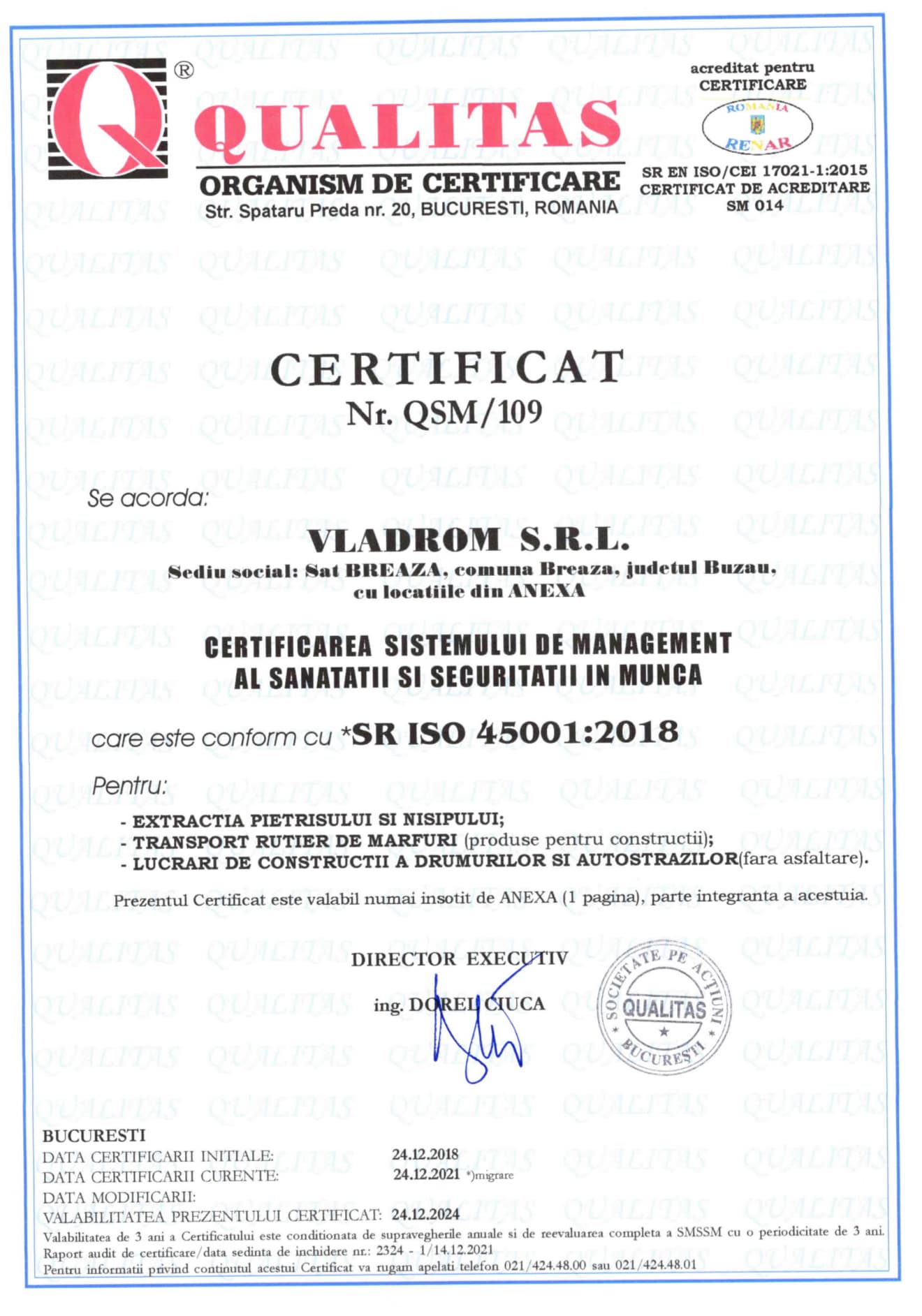 Certificat ISO 45001:2018 pentru Vladrom