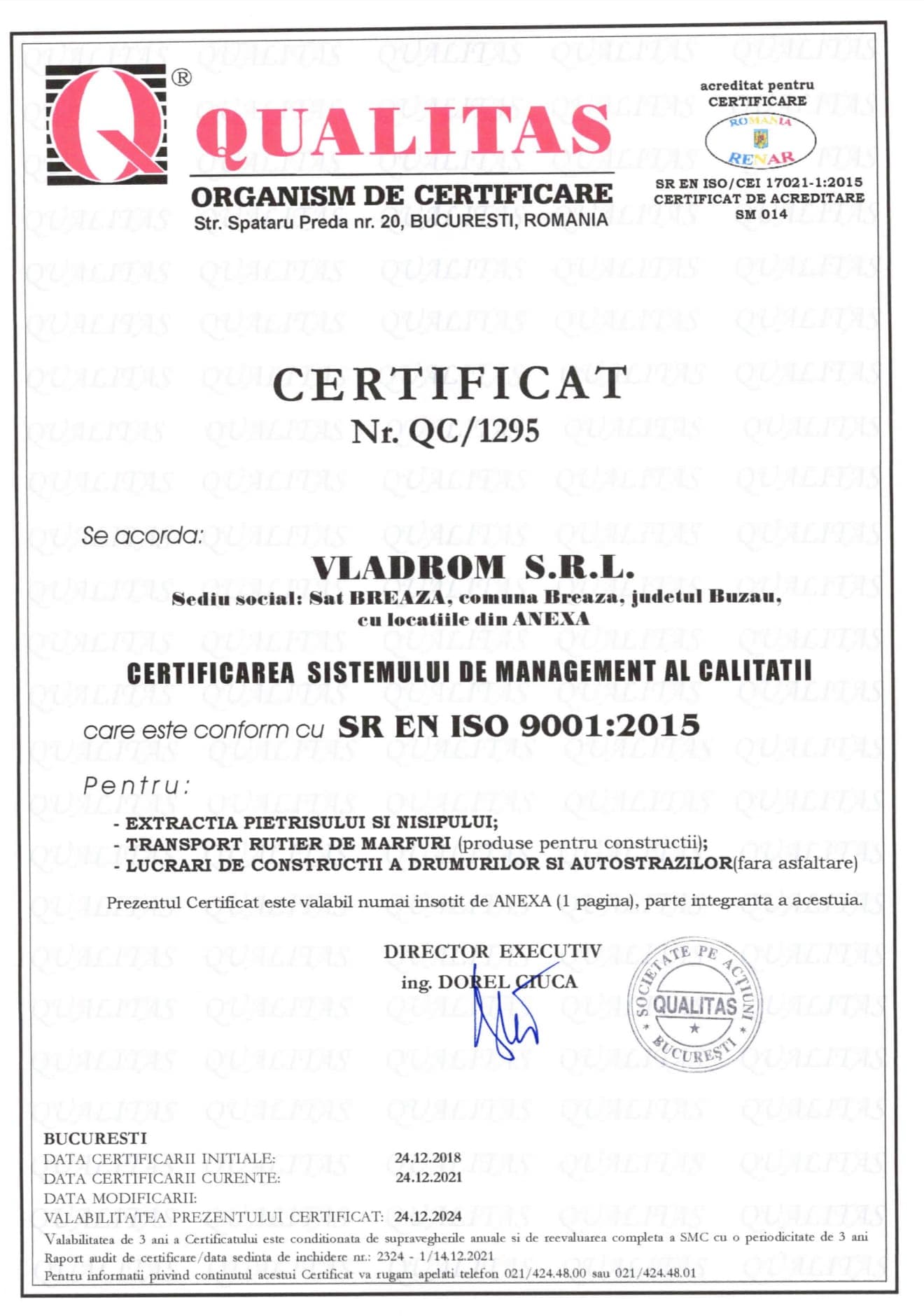 ISO 9001:2015 Certificate for Vladrom